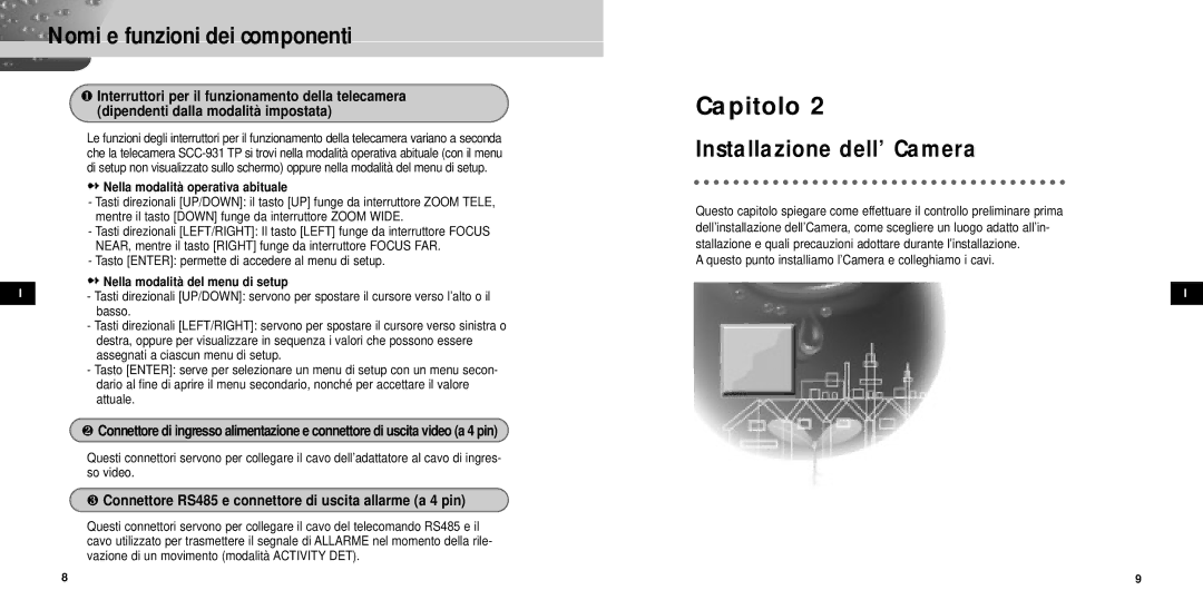 Samsung SCC-931TP manual Installazione dell’ Camera, Nella modalità operativa abituale, Nella modalità del menu di setup 