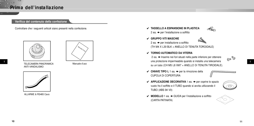 Samsung SCC-931TP Prima dell’installazione, Verifica del contenuto della confezione, Tassello a Espansione in Plastica 