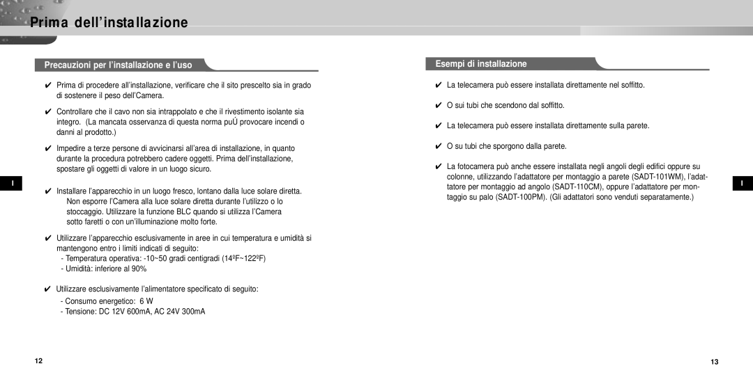 Samsung SCC-931TP manual Precauzioni per l’installazione e l’uso, Esempi di installazione 