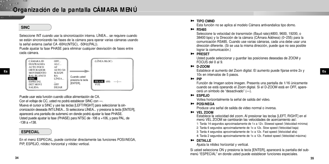 Samsung SCC-931TP manual Sinc, Especial 