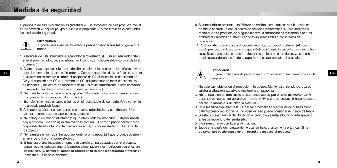 Samsung SCC-931TP manual Medidas de seguridad, Advertencia 