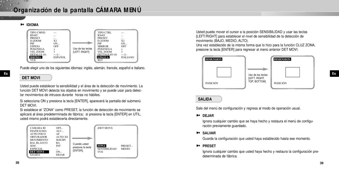 Samsung SCC-931TP manual DET Movi, Salida, Idioma, Dejar, Salvar 