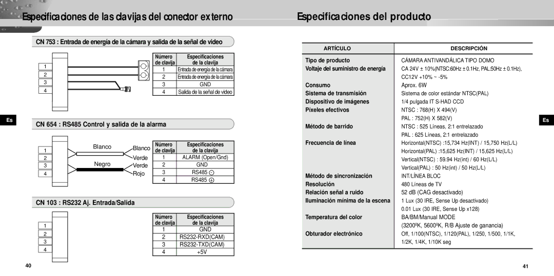 Samsung SCC-931TP manual Especificaciones del producto 