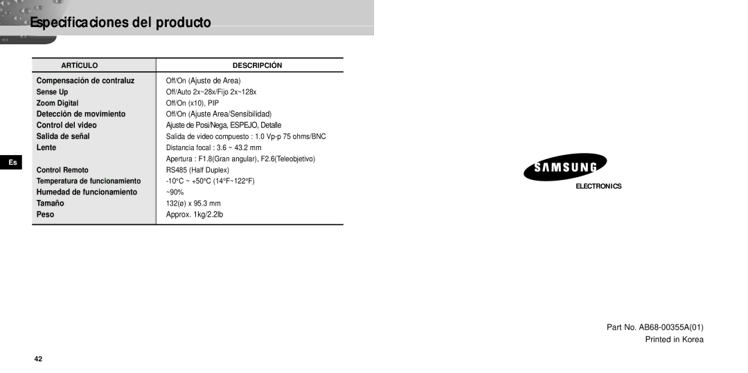 Samsung SCC-931TP Compensación de contraluz, Detección de movimiento, Control del video, Salida de señal, Lente, Tamaño 