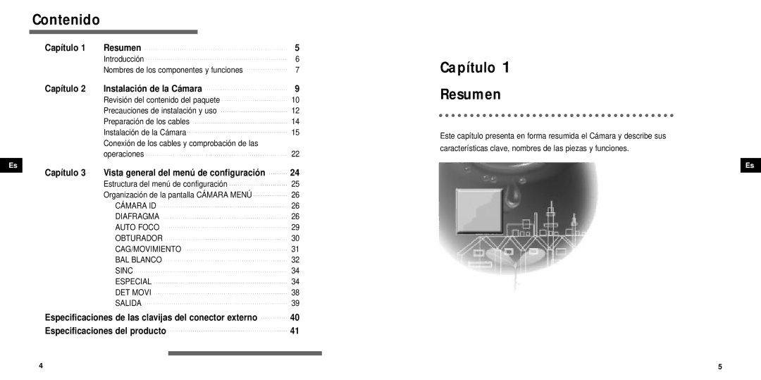 Samsung SCC-931TP manual Contenido, Capítulo Resumen, Introducción Nombres de los componentes y funciones, Operaciones 