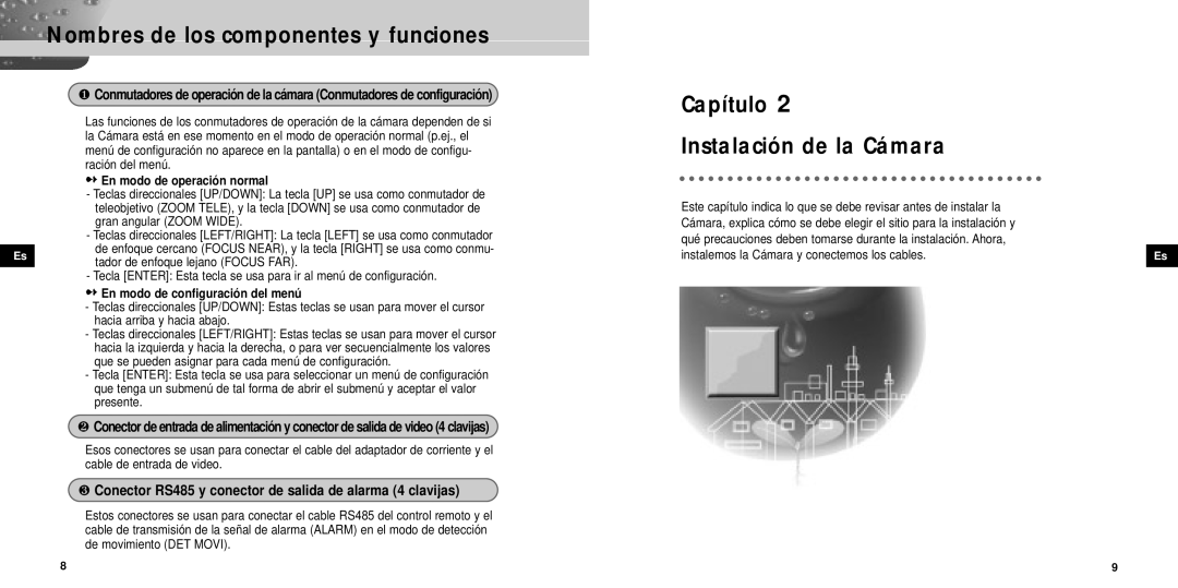 Samsung SCC-931TP manual Capítulo Instalación de la Cámara, En modo de operación normal, Tador de enfoque lejano Focus FAR 