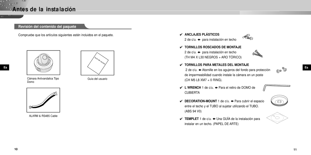 Samsung SCC-931TP manual Antes de la instalación, Revisión del contenido del paquete, Anclajes Plásticos 