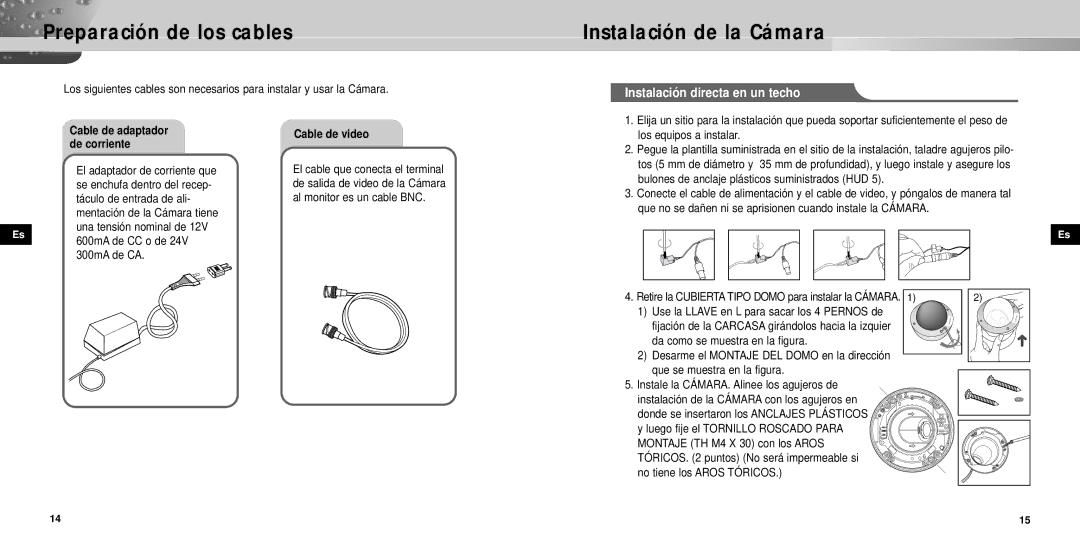 Samsung SCC-931TP manual Preparación de los cables, Instalación directa en un techo, Cable de video 