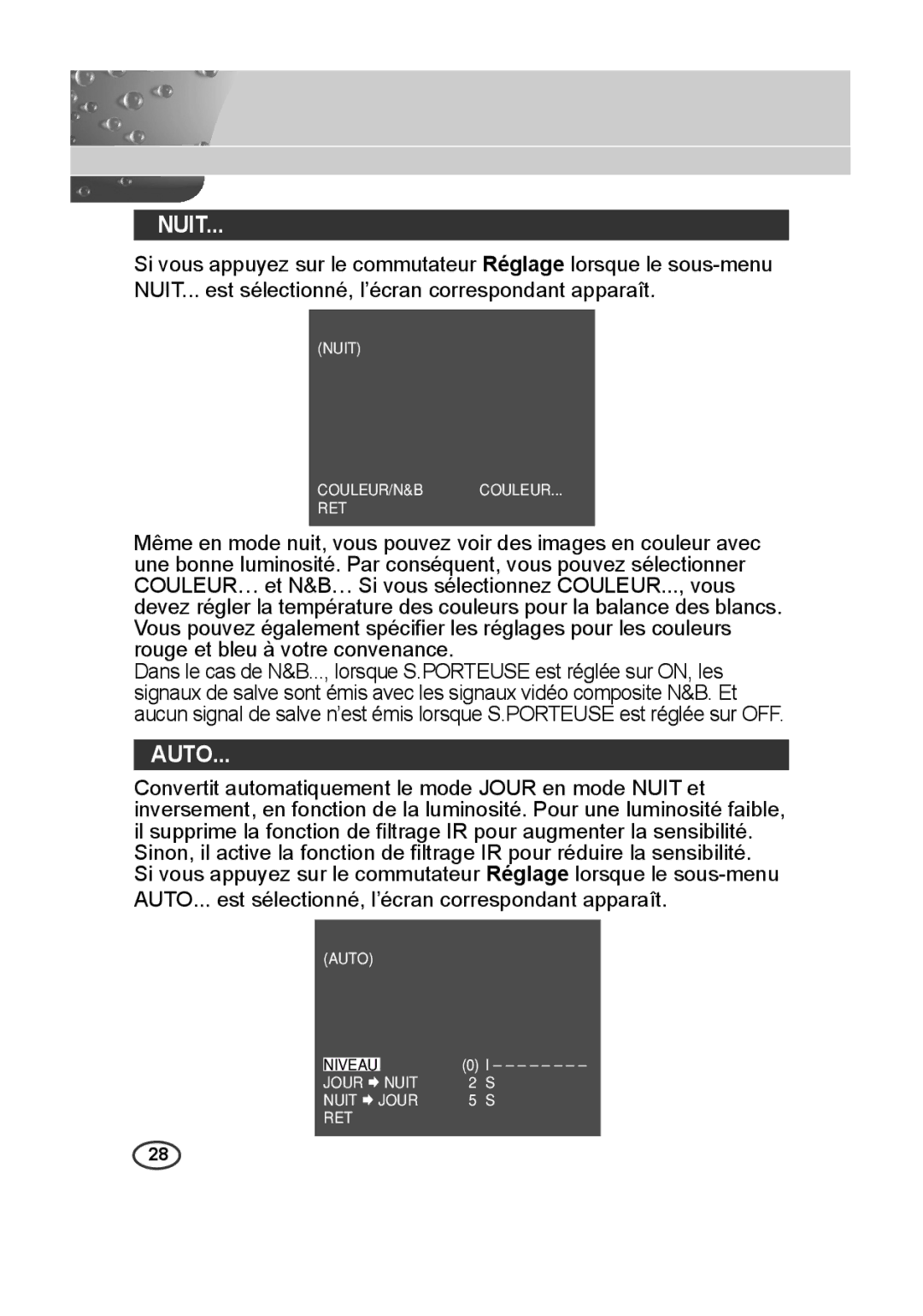 Samsung SCC-A2013P, SCC-B2013P, SCC-B2313P, SCC-A2313P manual Nuit, Auto 