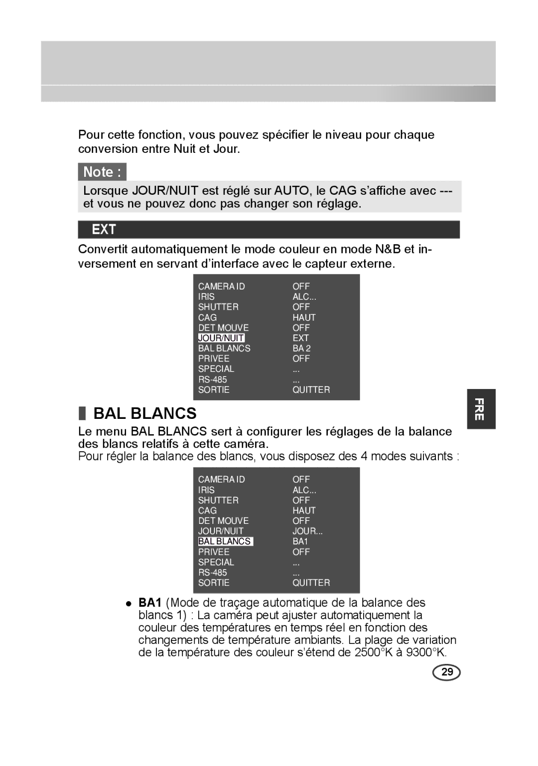 Samsung SCC-B2013P, SCC-A2013P, SCC-B2313P, SCC-A2313P manual BAL Blancs, Ext 