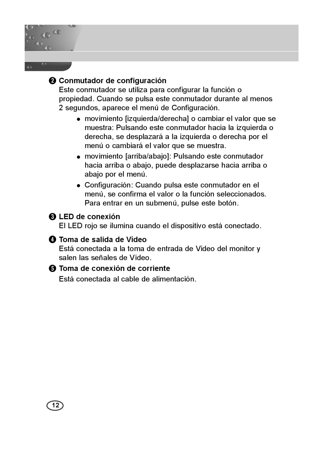 Samsung SCC-A2013P Conmutador de configuración, LED de conexión, Toma de salida de Vídeo, Toma de conexión de corriente 