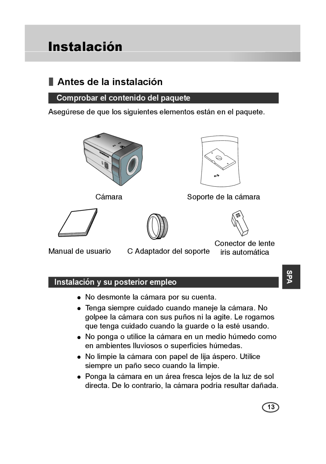 Samsung SCC-B2013P, SCC-A2013P, SCC-B2313P manual Instalación, Antes de la instalación, Comprobar el contenido del paquete 