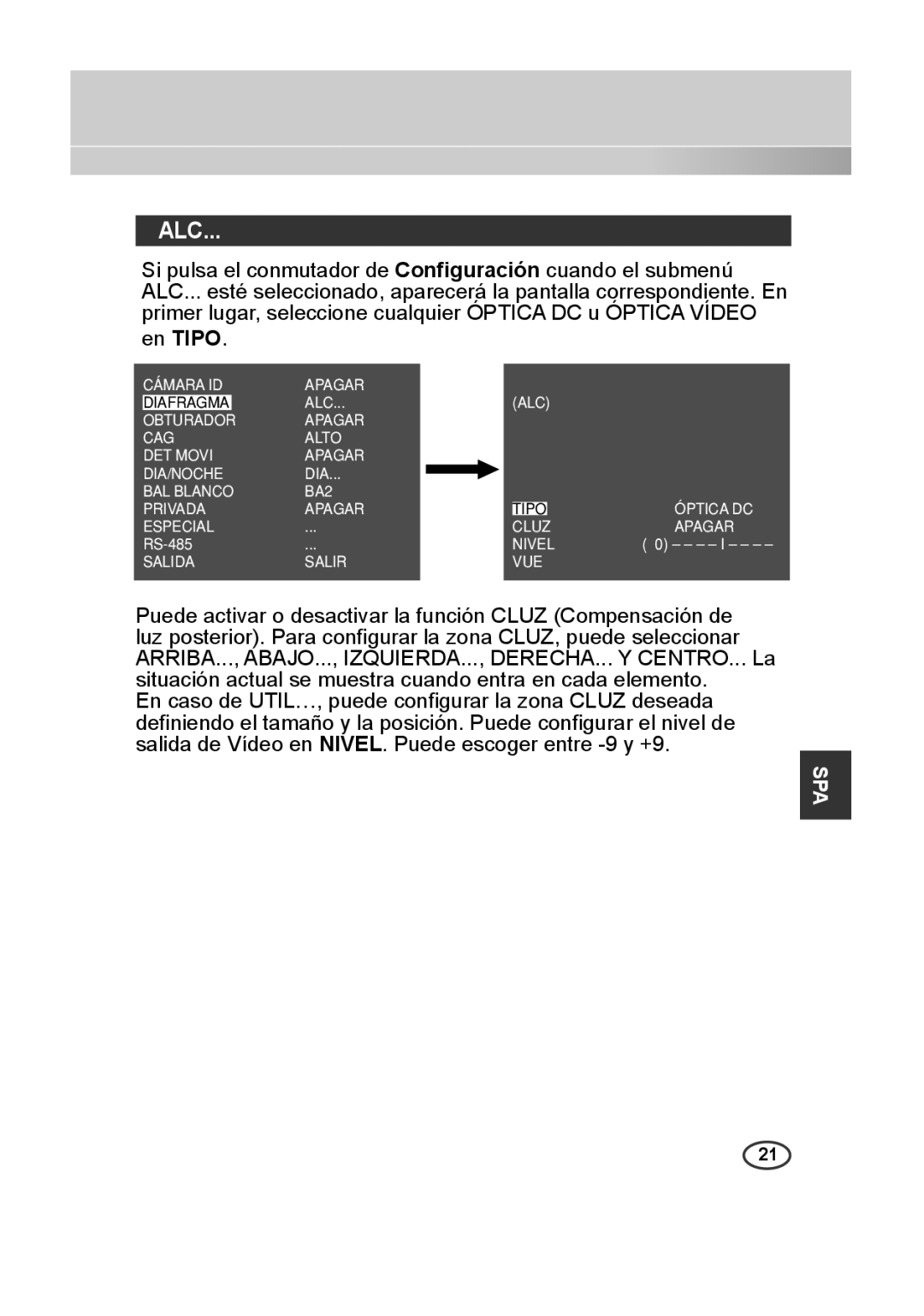 Samsung SCC-B2013P, SCC-A2013P, SCC-B2313P, SCC-A2313P manual Cámara ID Apagar ALC Diafragma 