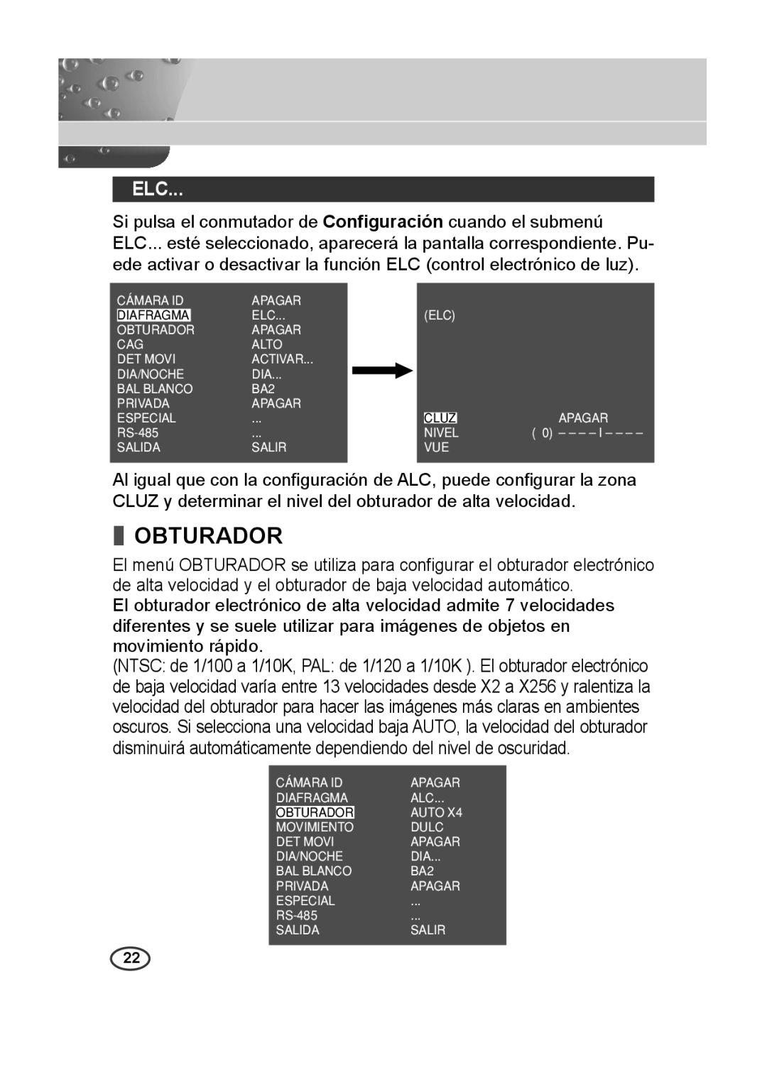 Samsung SCC-B2313P, SCC-A2013P, SCC-B2013P, SCC-A2313P manual Obturador, Elc 