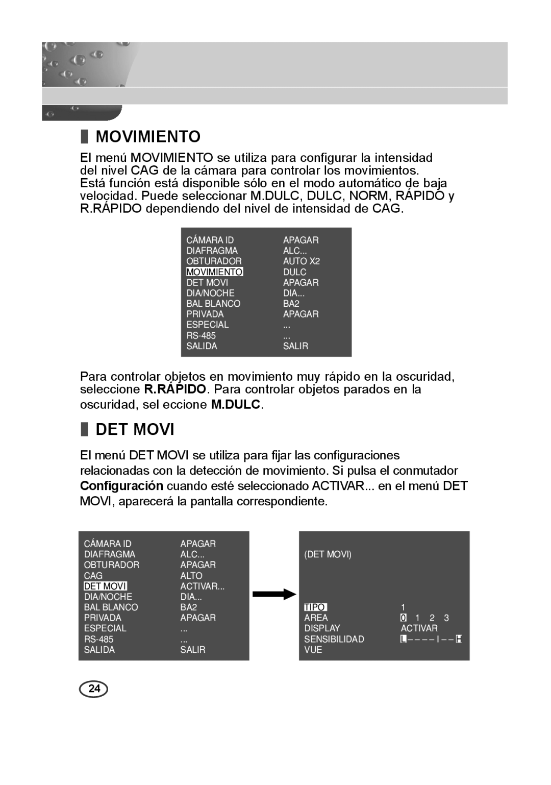 Samsung SCC-A2013P, SCC-B2013P, SCC-B2313P, SCC-A2313P manual Movimiento, DET Movi 