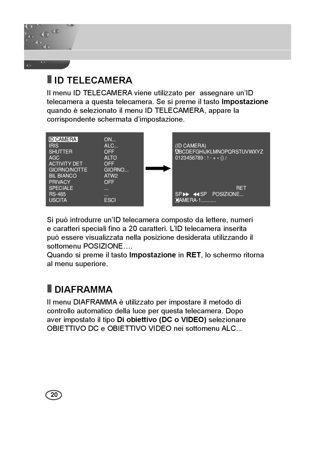 Samsung SCC-A2013P, SCC-B2013P, SCC-B2313P, SCC-A2313P manual ID Telecamera, Diaframma 