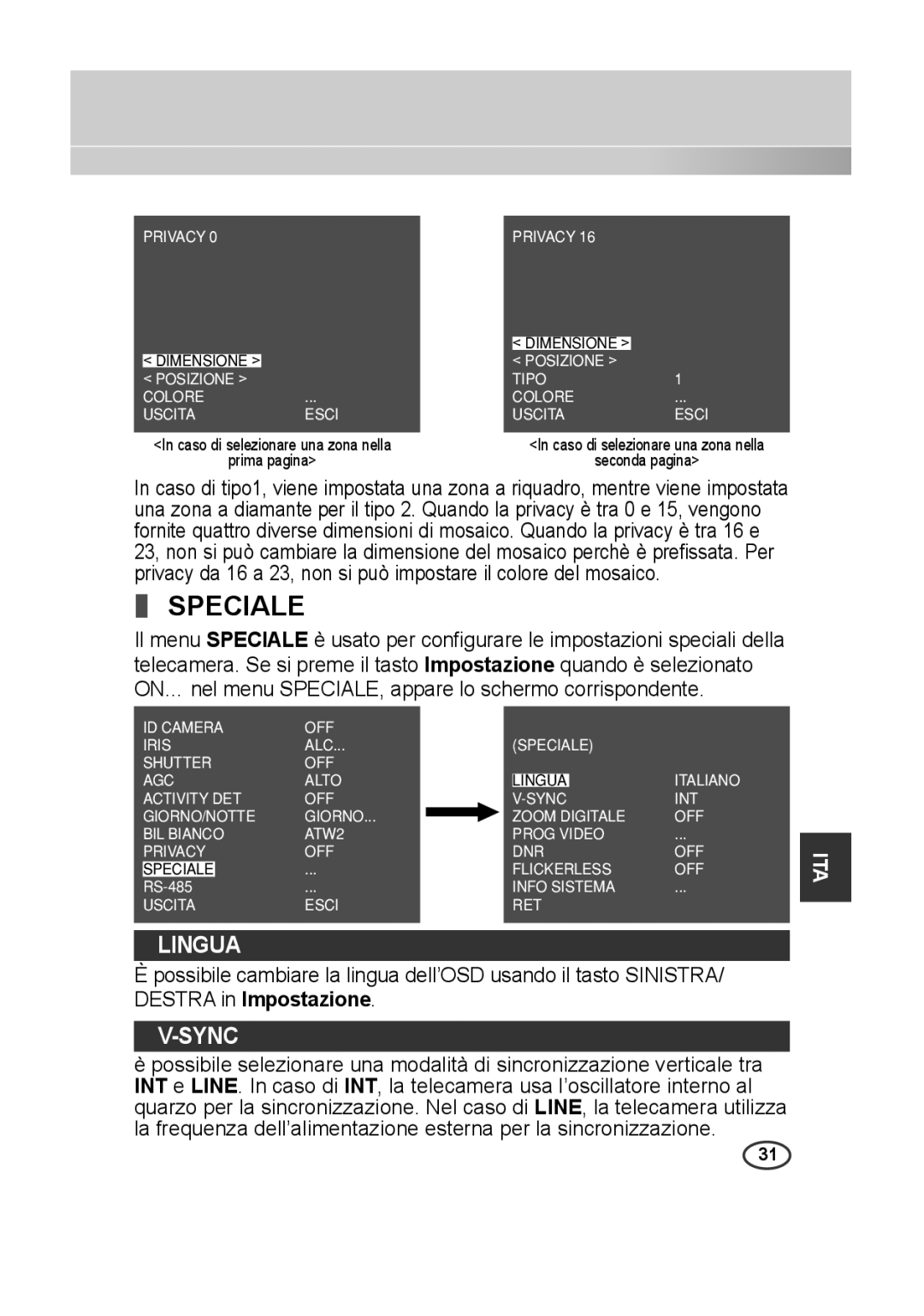 Samsung SCC-A2313P, SCC-A2013P, SCC-B2013P, SCC-B2313P manual Speciale, Lingua 