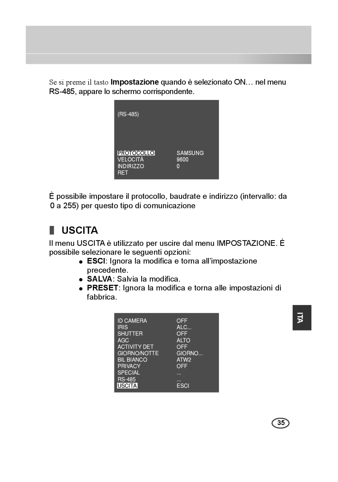 Samsung SCC-A2313P, SCC-A2013P, SCC-B2013P, SCC-B2313P manual Uscita 