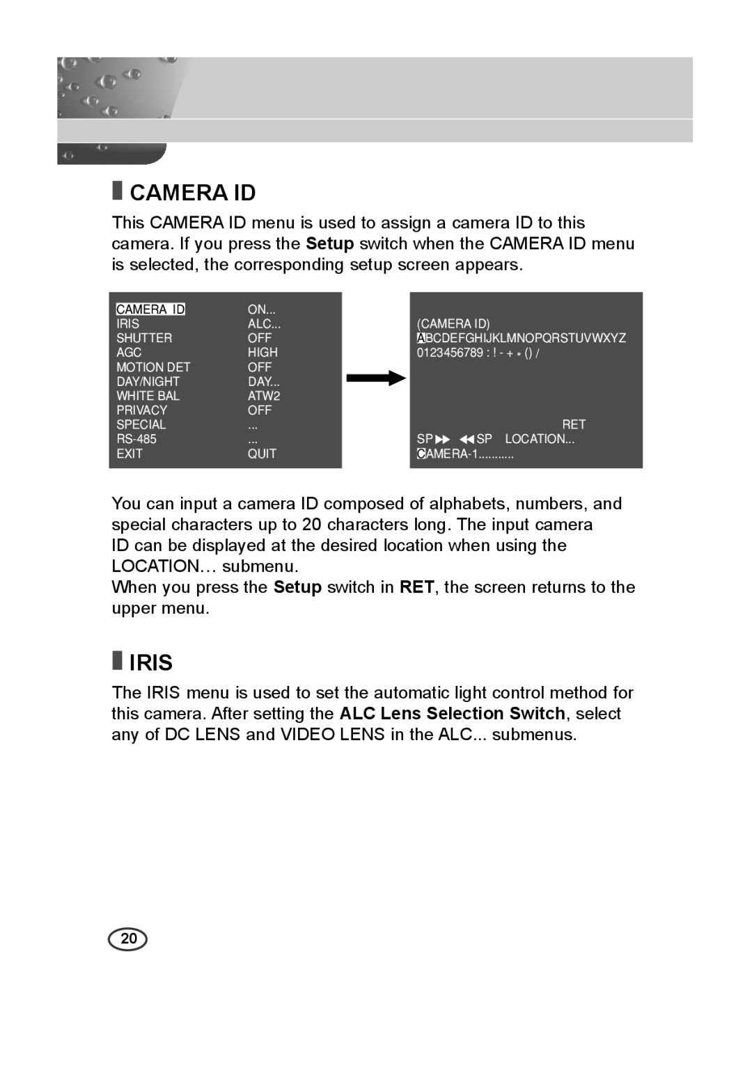 Samsung SCC-A2013P, SCC-B2013P, SCC-B2313P, SCC-A2313P manual Camera ID, Iris 