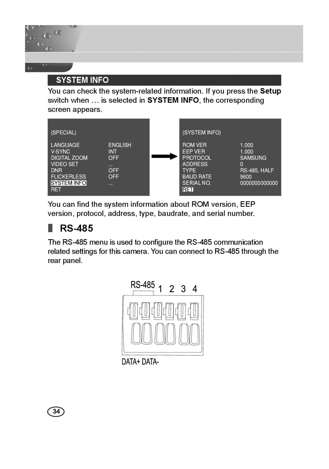 Samsung SCC-B2313P, SCC-A2013P, SCC-B2013P, SCC-A2313P manual RS-485, System Info 