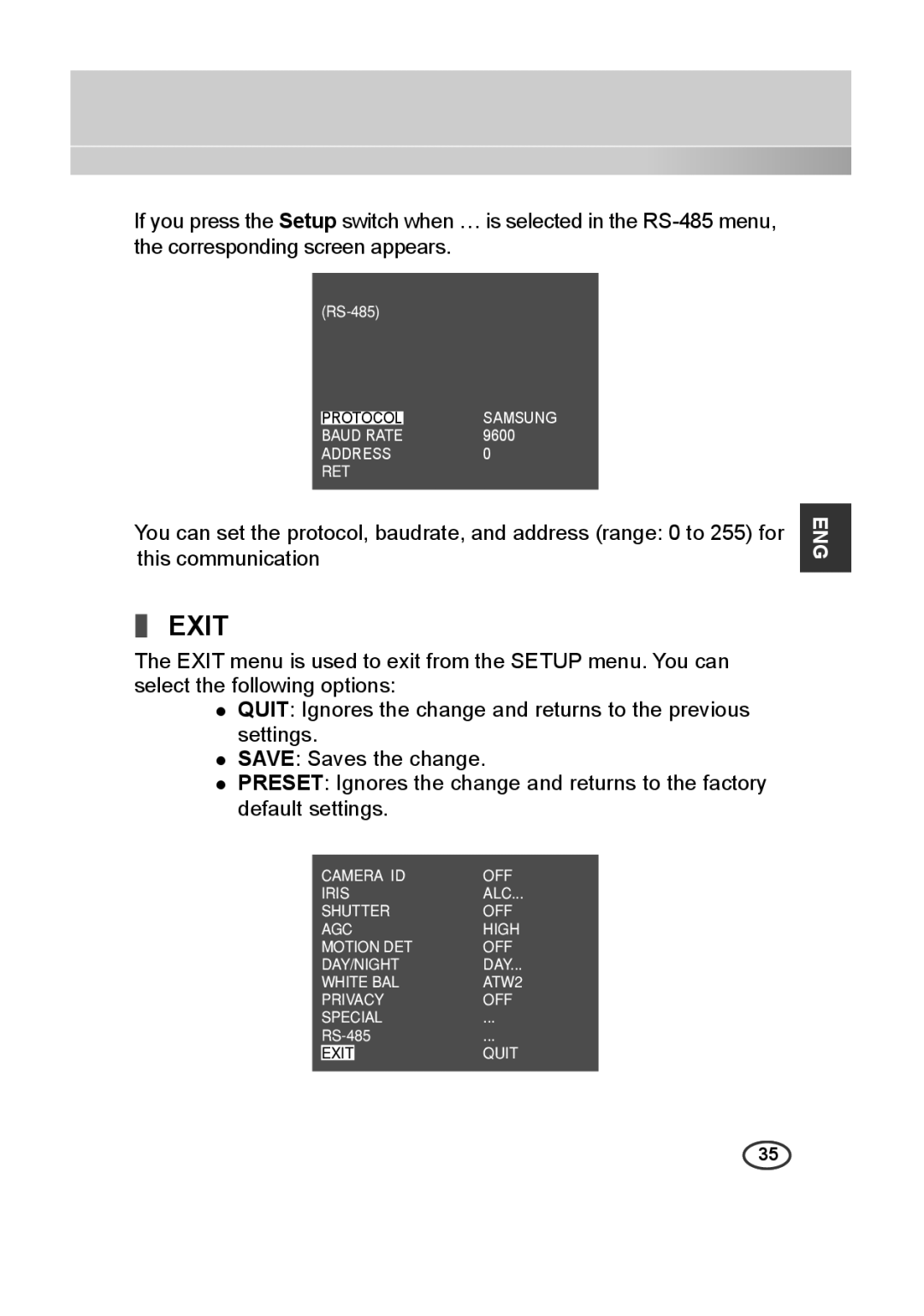 Samsung SCC-A2313P, SCC-A2013P, SCC-B2013P, SCC-B2313P manual Exit 