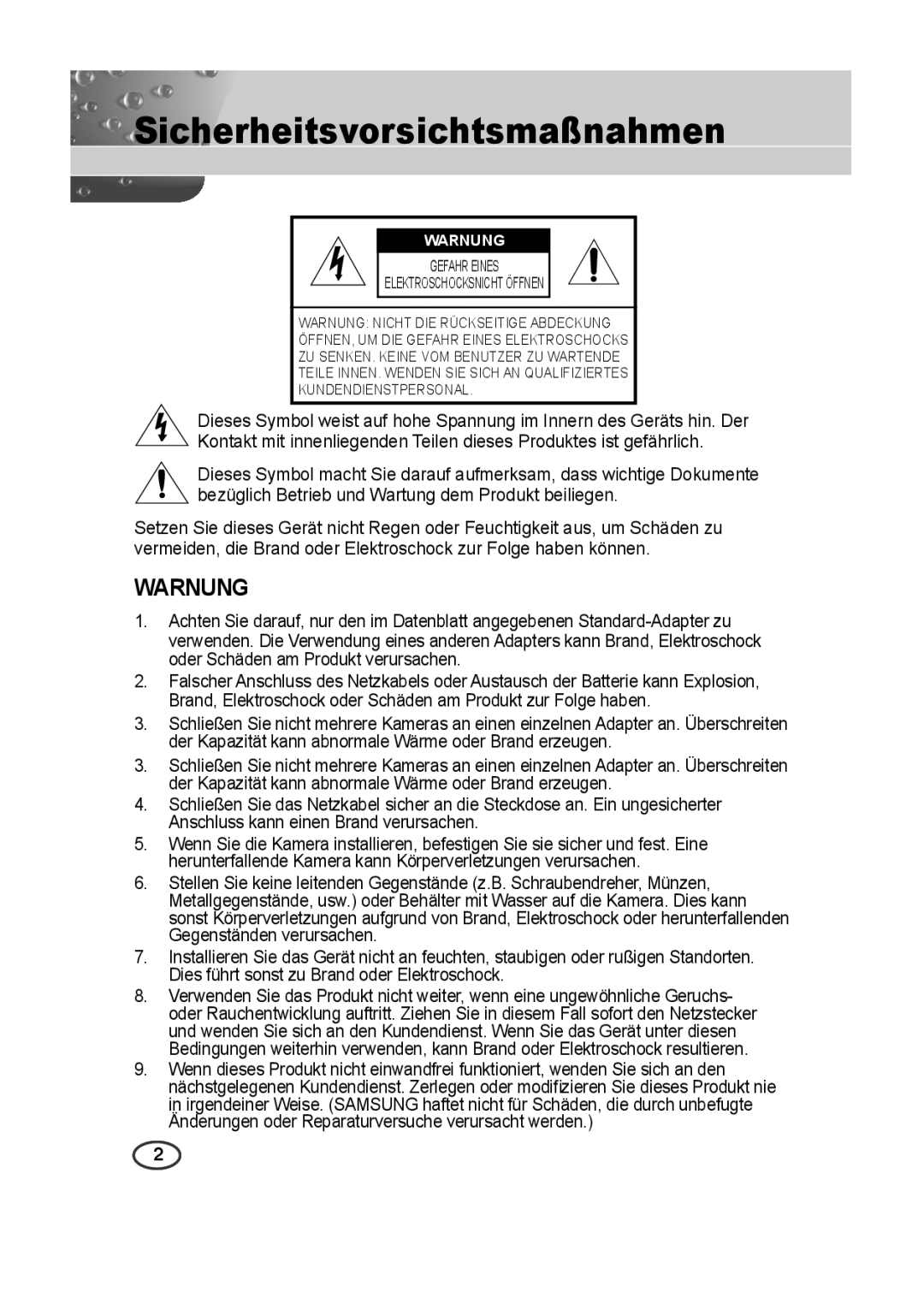 Samsung SCC-B2313P, SCC-A2013P, SCC-B2013P, SCC-A2313P manual Sicherheitsvorsichtsmaßnahmen, Warnung 