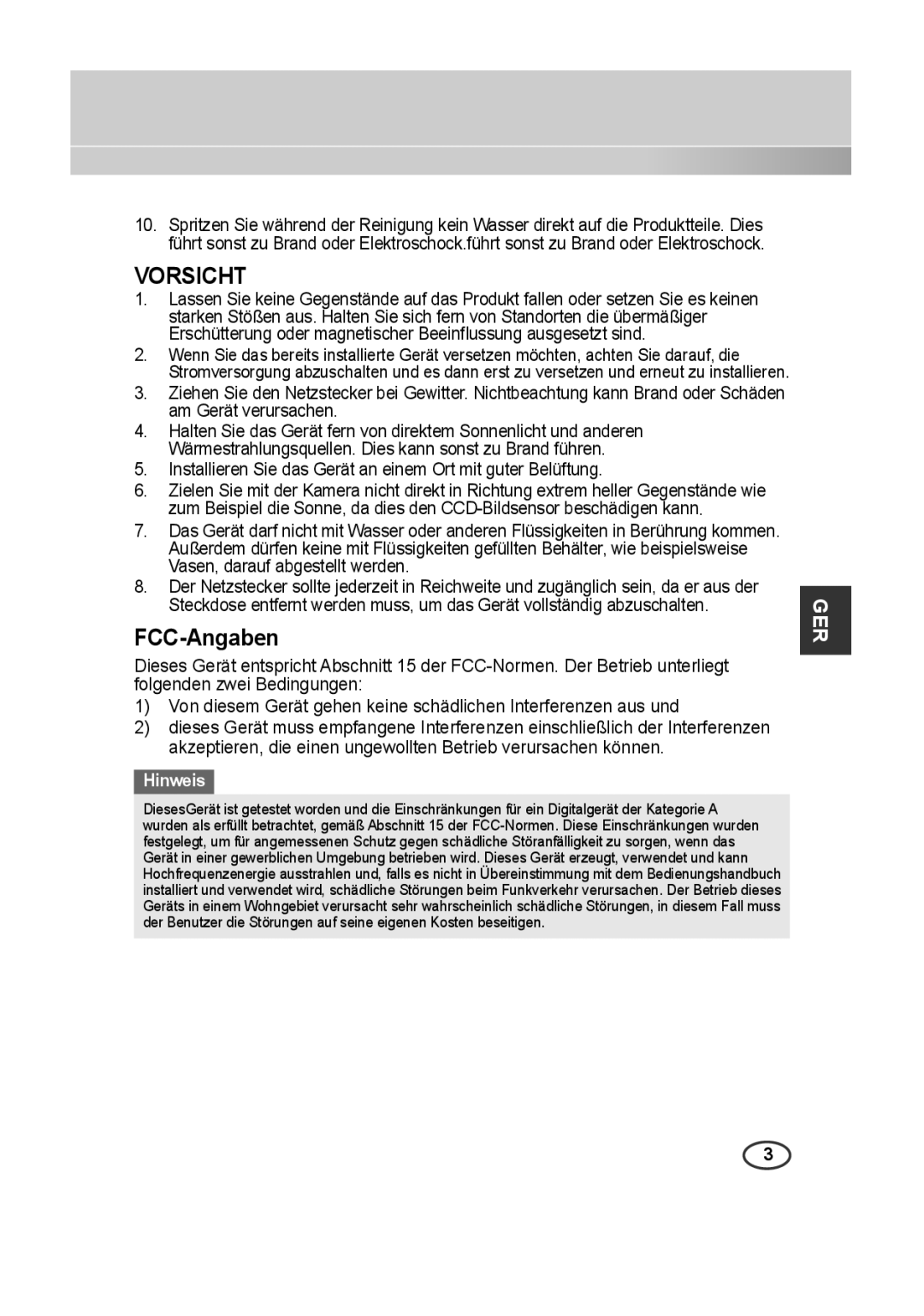 Samsung SCC-A2313P, SCC-A2013P, SCC-B2013P, SCC-B2313P manual Vorsicht 