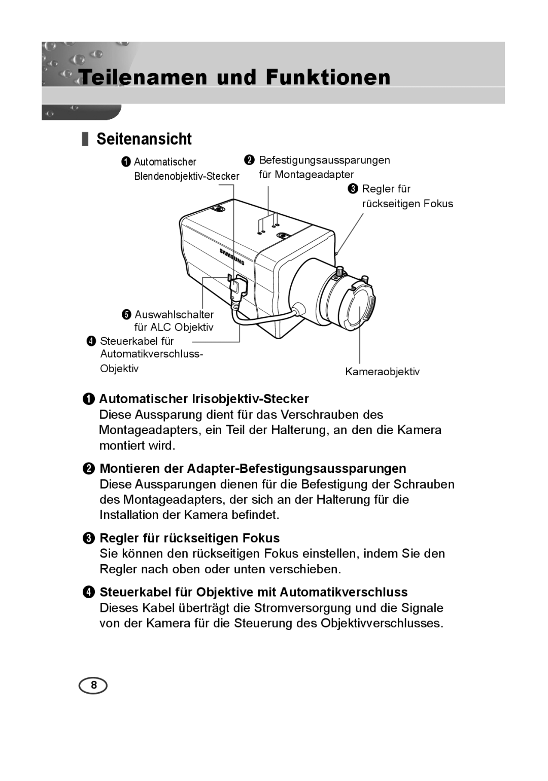 Samsung SCC-A2013P, SCC-B2013P, SCC-B2313P Teilenamen und Funktionen, Seitenansicht, Automatischer Irisobjektiv-Stecker 