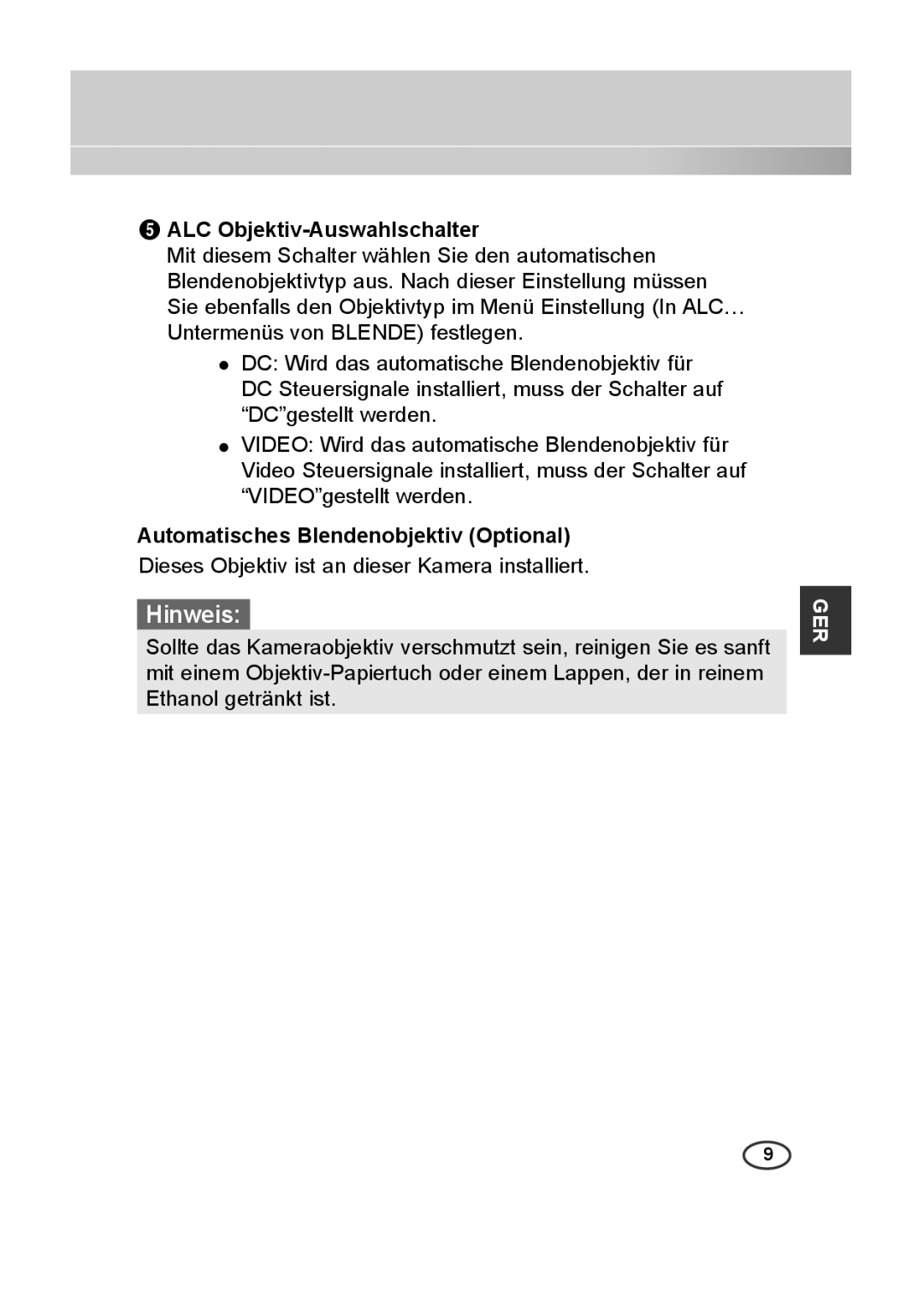 Samsung SCC-B2013P, SCC-A2013P, SCC-B2313P, SCC-A2313P ALC Objektiv-Auswahlschalter, Automatisches Blendenobjektiv Optional 