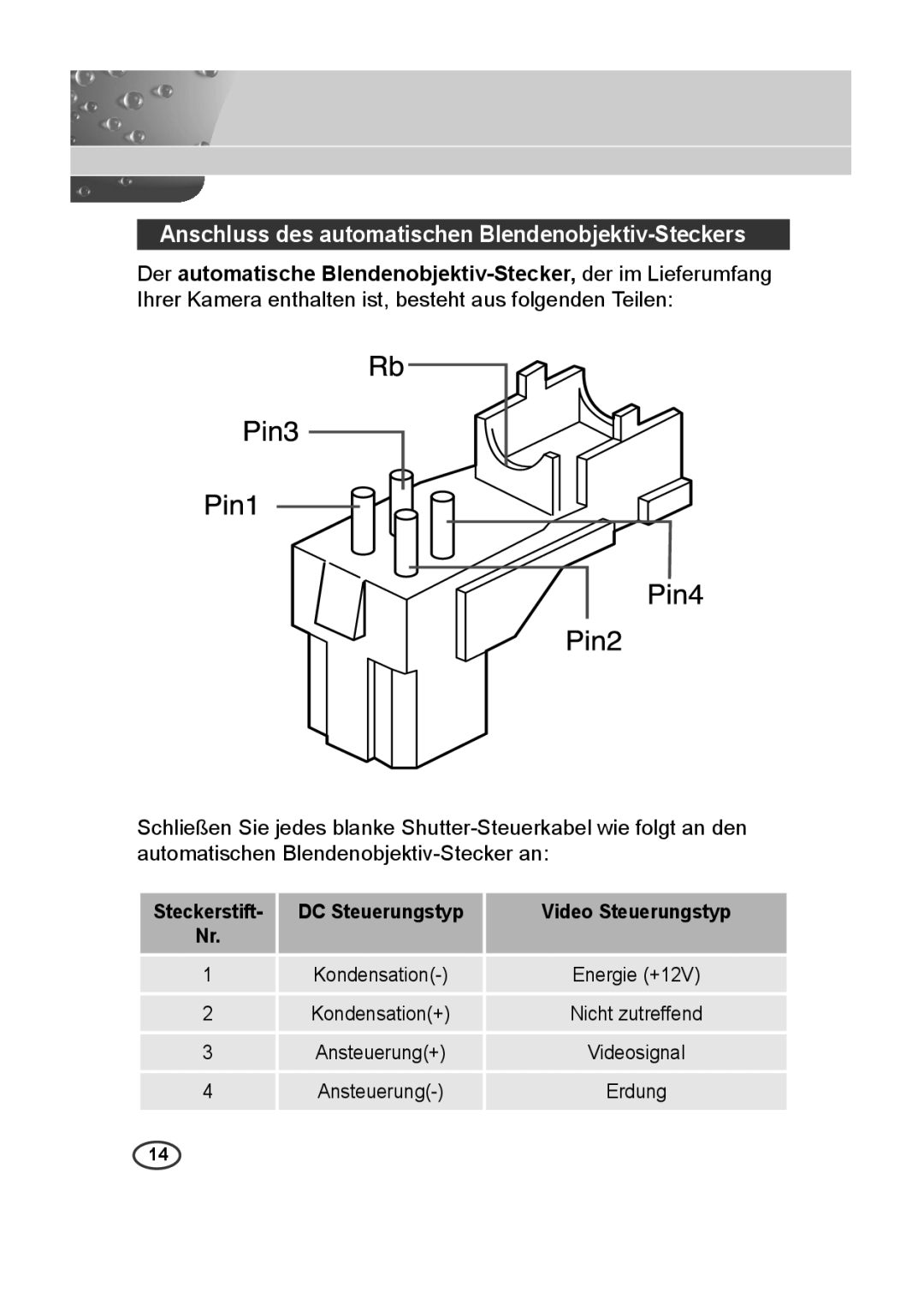 Samsung SCC-B2313P, SCC-A2013P, SCC-B2013P, SCC-A2313P manual Anschluss des automatischen Blendenobjektiv-Steckers 