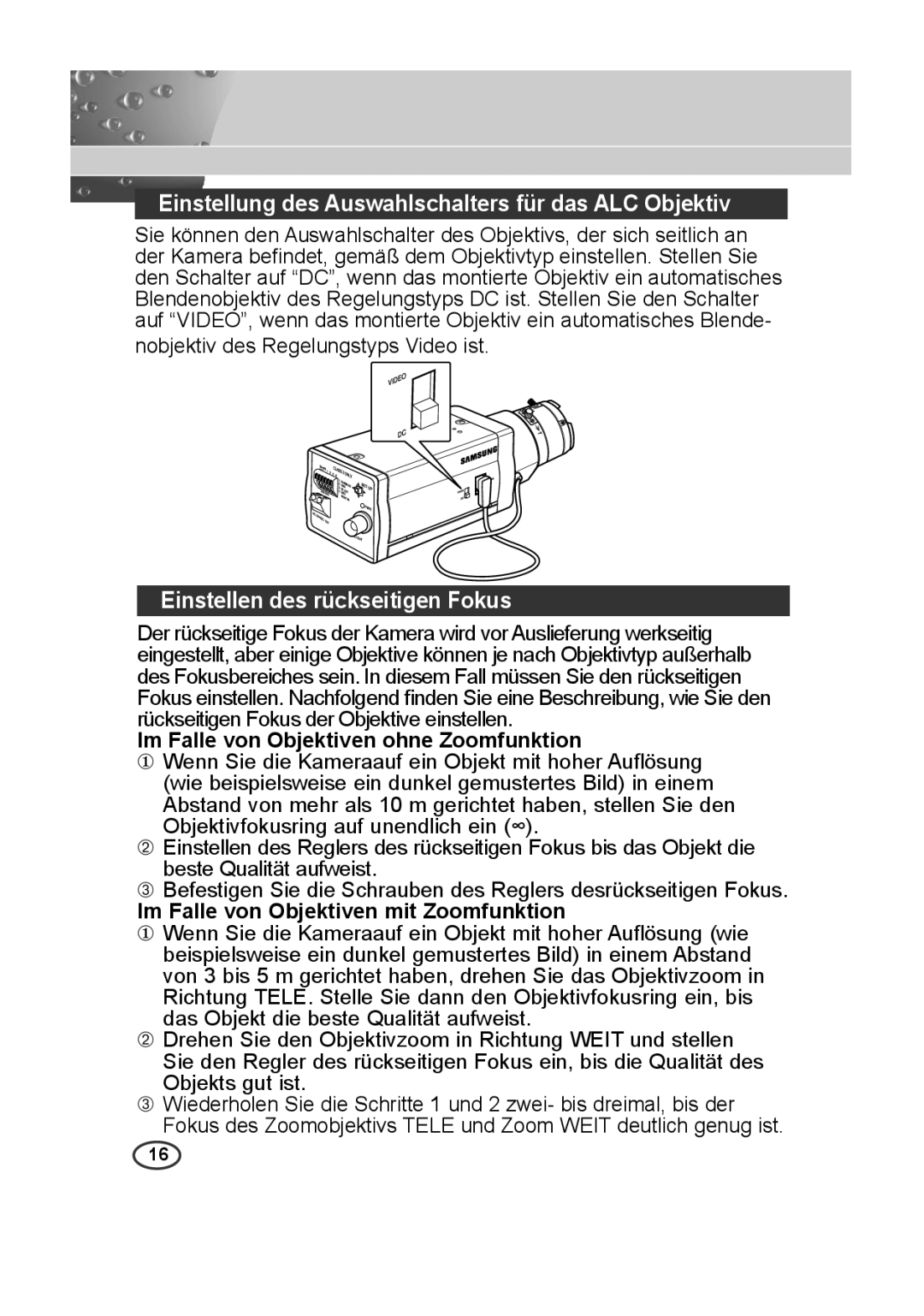 Samsung SCC-A2013P, SCC-B2013P Einstellung des Auswahlschalters für das ALC Objektiv, Einstellen des rückseitigen Fokus 