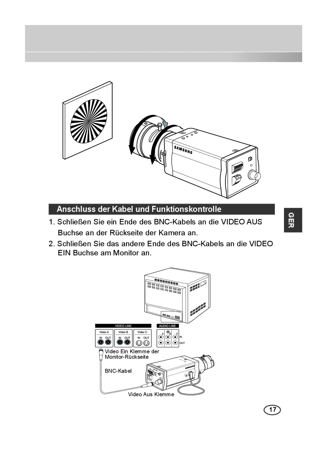 Samsung SCC-B2013P, SCC-A2013P, SCC-B2313P, SCC-A2313P manual Anschluss der Kabel und Funktionskontrolle 