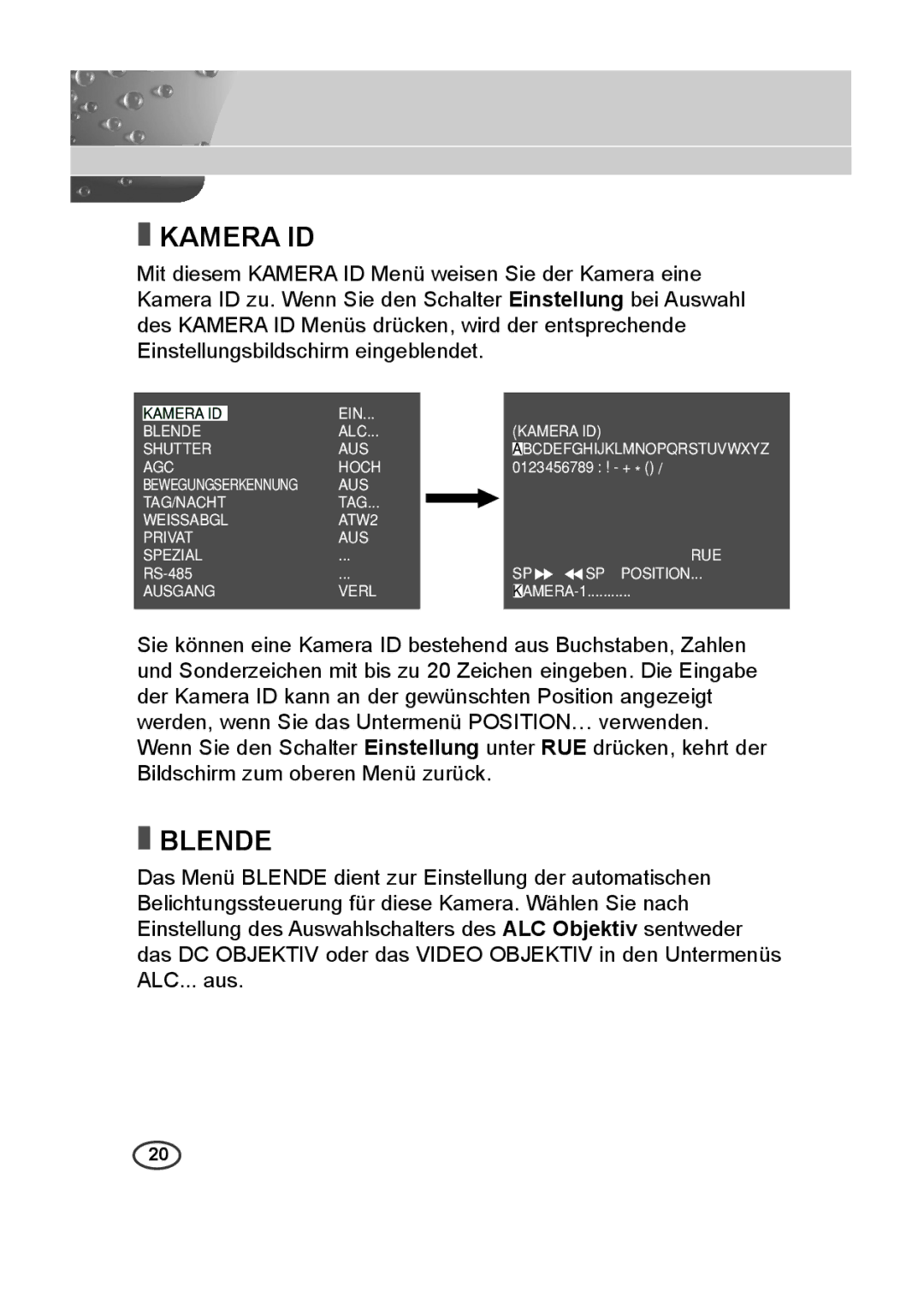 Samsung SCC-A2013P, SCC-B2013P, SCC-B2313P, SCC-A2313P manual Kamera ID, Blende 