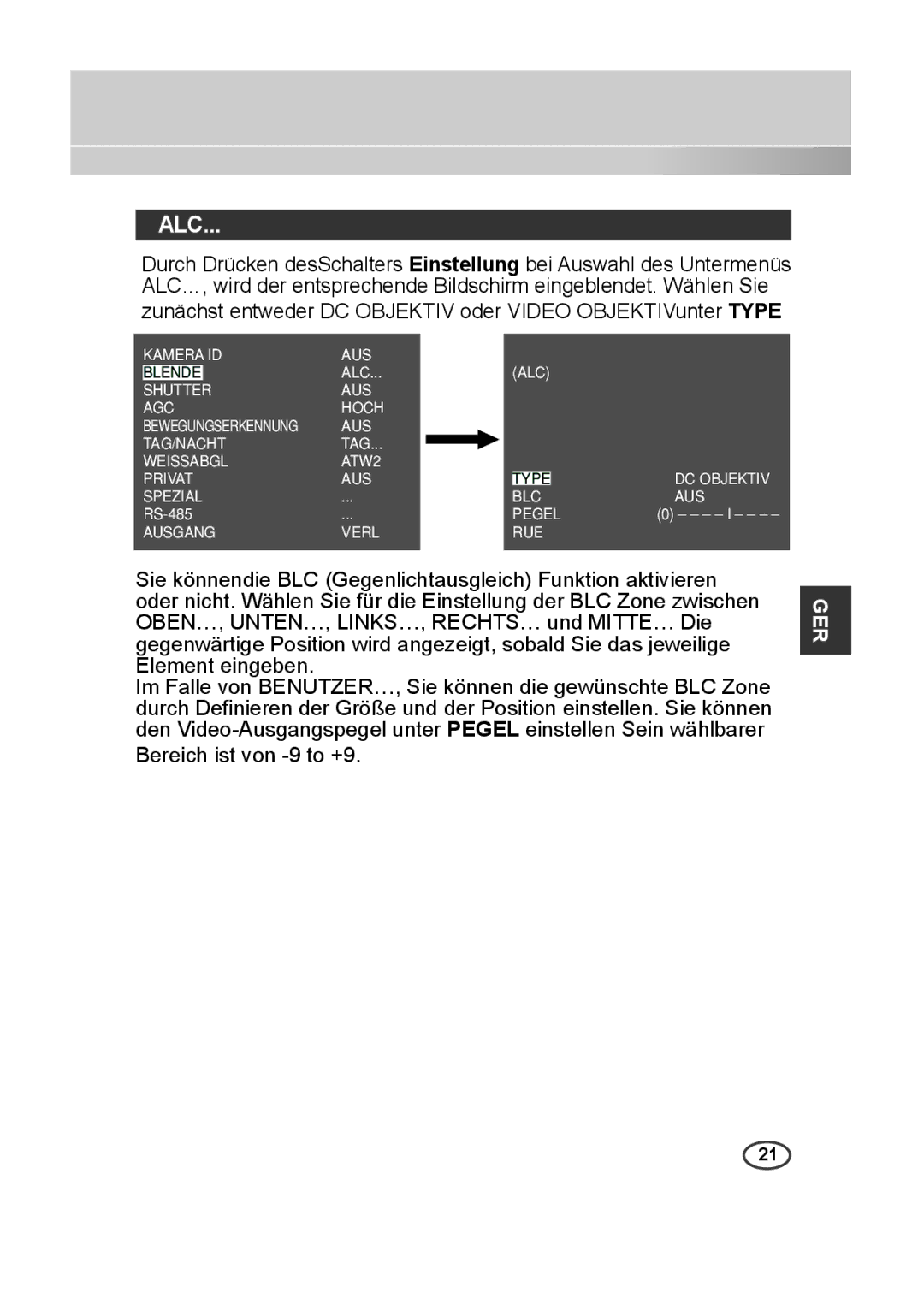 Samsung SCC-B2013P, SCC-A2013P, SCC-B2313P, SCC-A2313P manual Kamera ID AUS Blende 