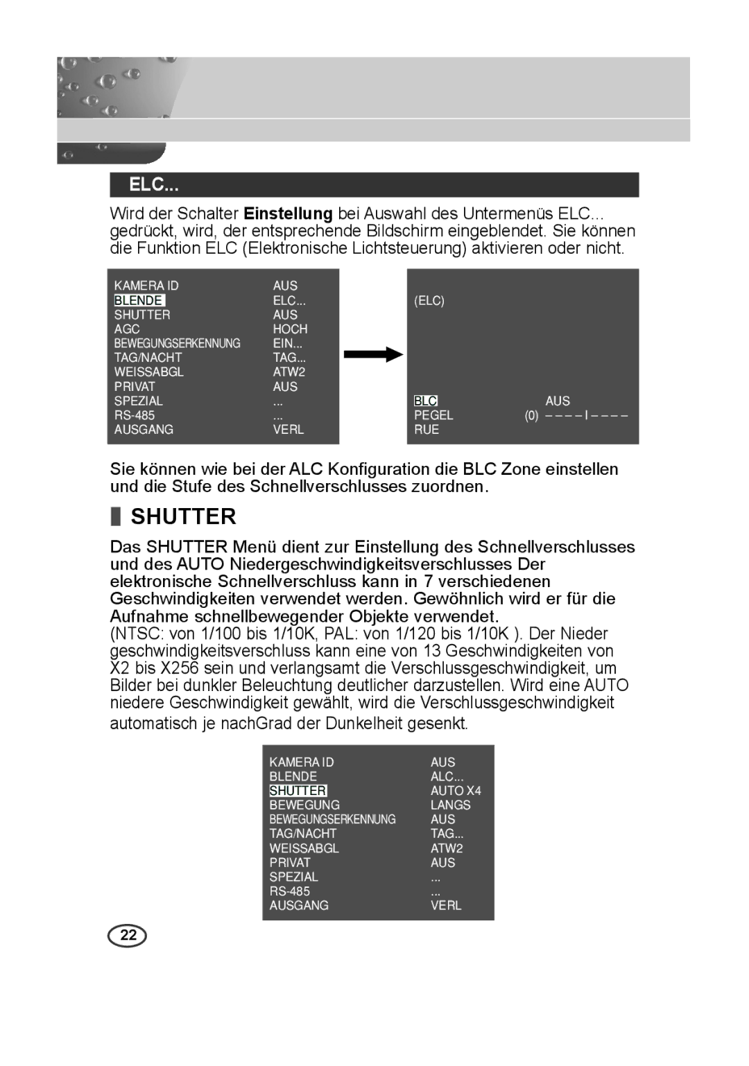 Samsung SCC-B2313P, SCC-A2013P, SCC-B2013P, SCC-A2313P manual Kamera ID AUS ELC Blende 