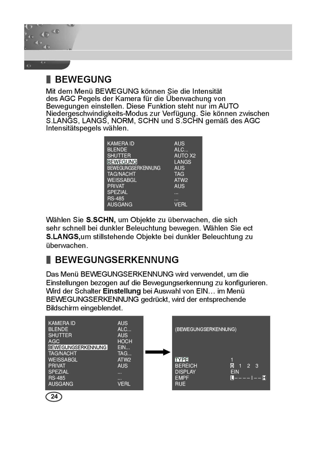 Samsung SCC-A2013P, SCC-B2013P, SCC-B2313P, SCC-A2313P manual Bewegungserkennung 