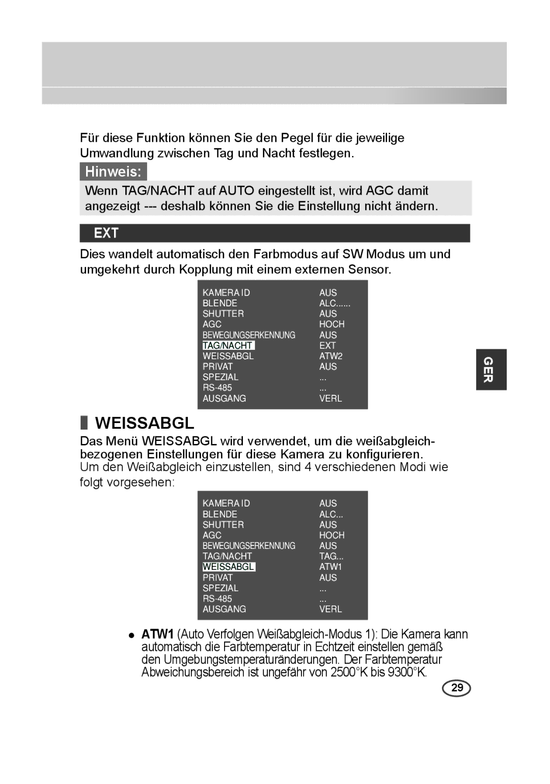 Samsung SCC-B2013P, SCC-A2013P, SCC-B2313P, SCC-A2313P manual Weissabgl, Ext 