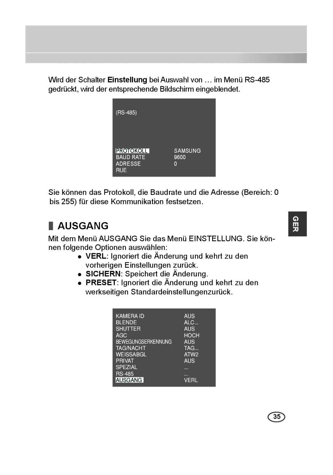 Samsung SCC-A2313P, SCC-A2013P, SCC-B2013P, SCC-B2313P manual Ausgang 