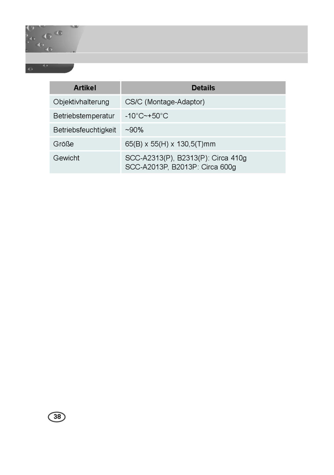 Samsung SCC-B2313P, SCC-A2013P, SCC-B2013P, SCC-A2313P manual Größe 65B x 55H x 130,5Tmm Gewicht 