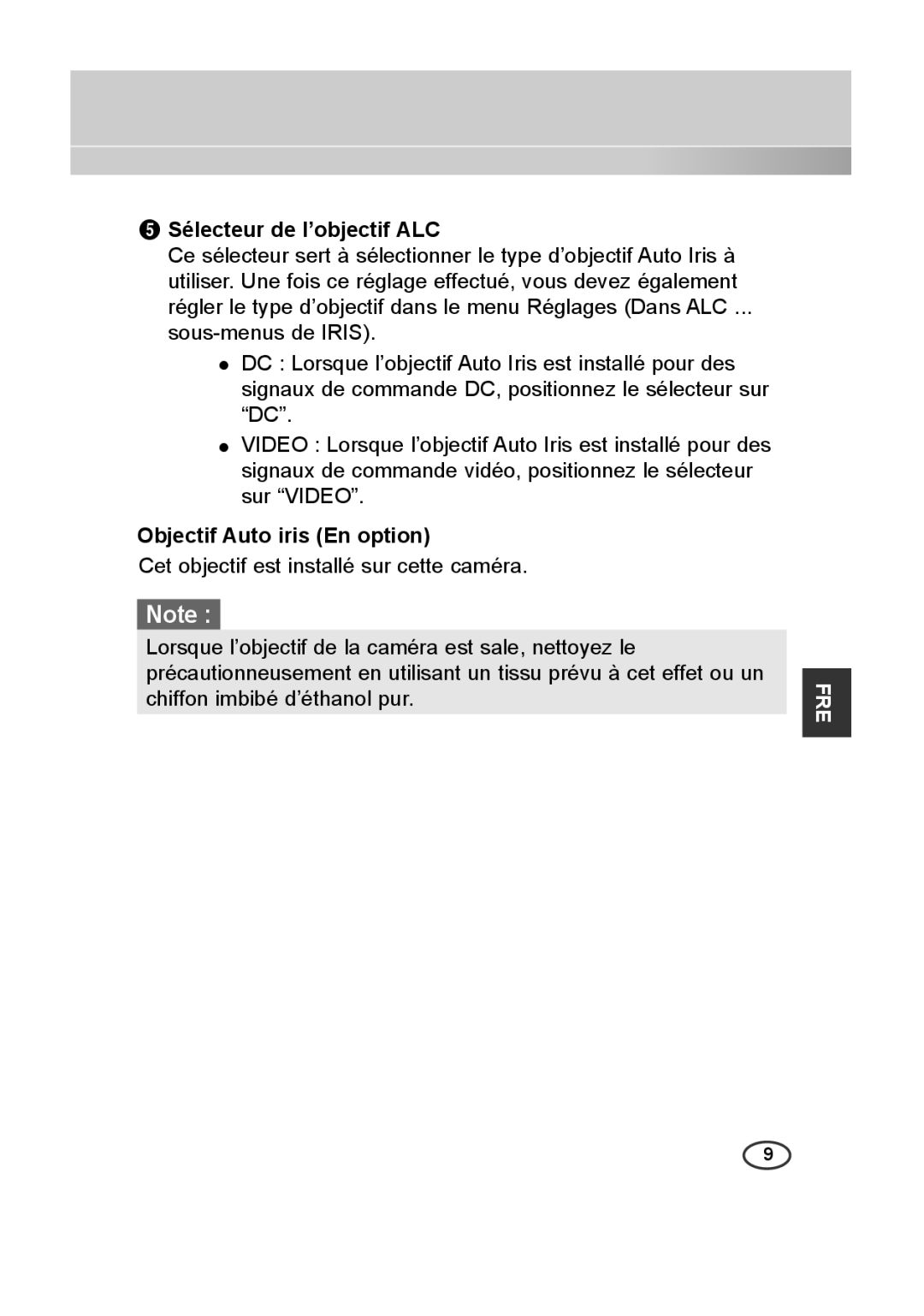 Samsung SCC-B2013P, SCC-A2013P, SCC-B2313P, SCC-A2313P manual Sélecteur de l’objectif ALC, Objectif Auto iris En option 