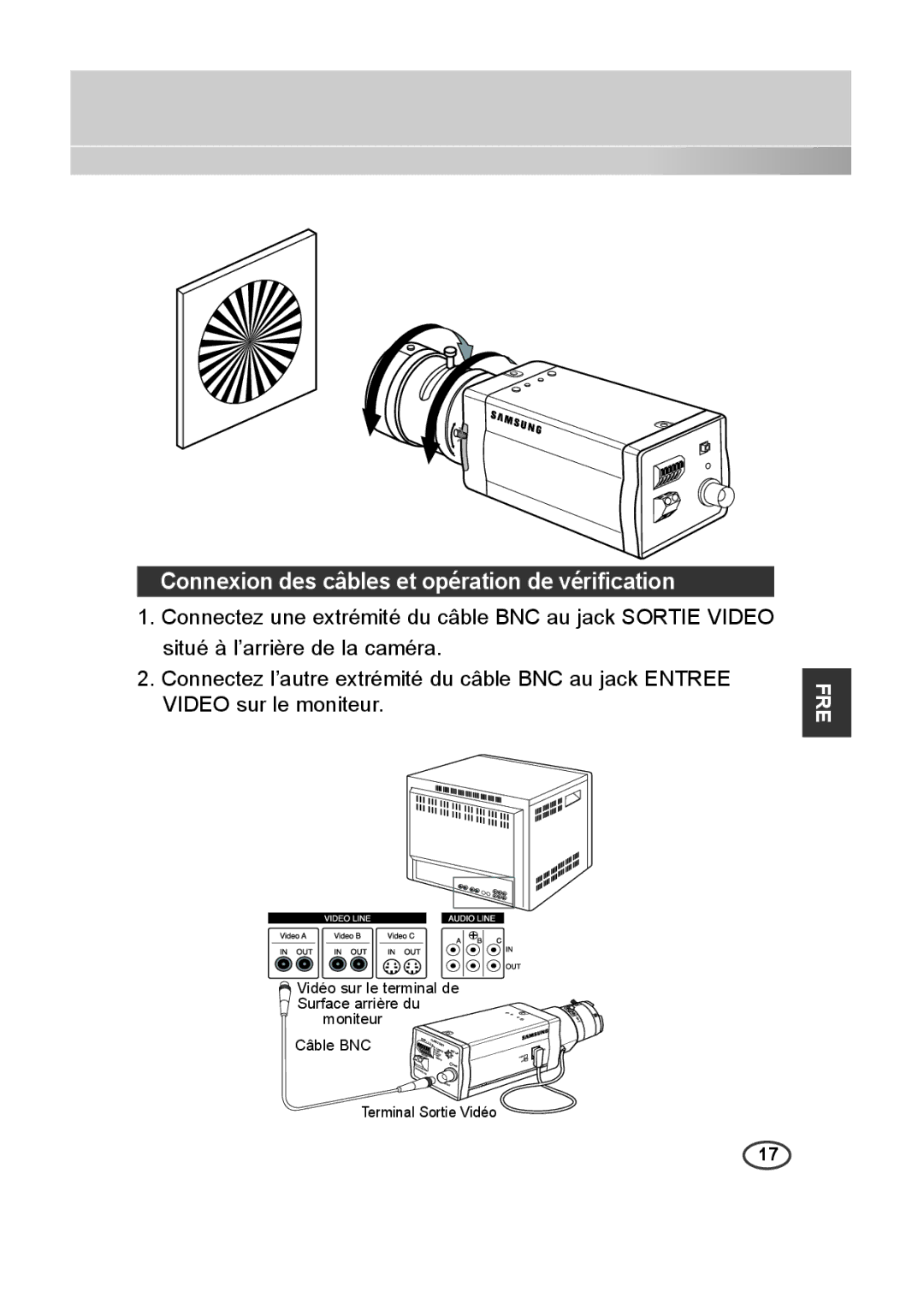 Samsung SCC-B2013P, SCC-A2013P, SCC-B2313P, SCC-A2313P manual Connexion des câbles et opération de vériﬁcation 