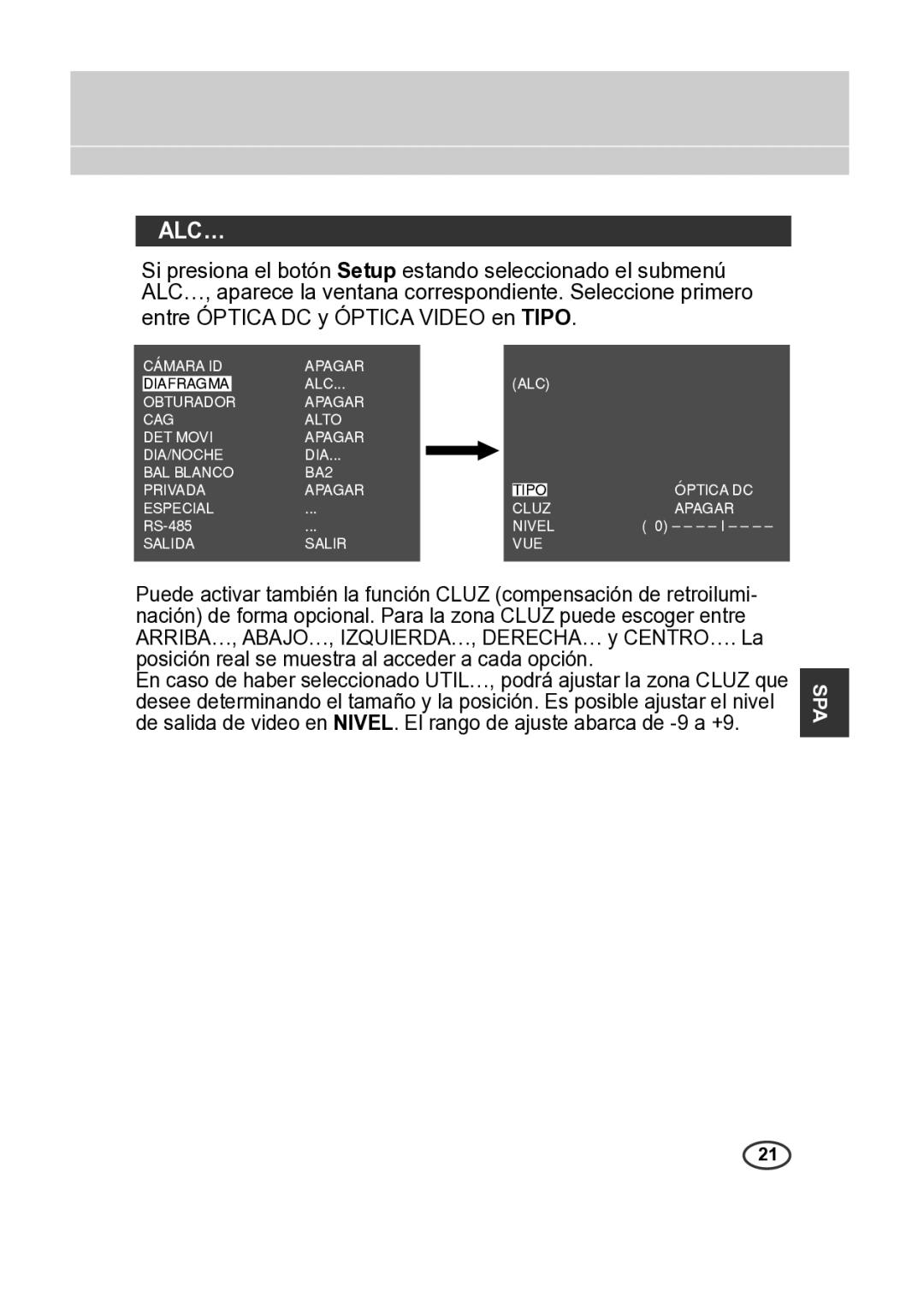 Samsung SCC-A2313P, SCC-A2013P, SCC-B2013P, SCC-B2313P manual Alc…, Posición real se muestra al acceder a cada opción 