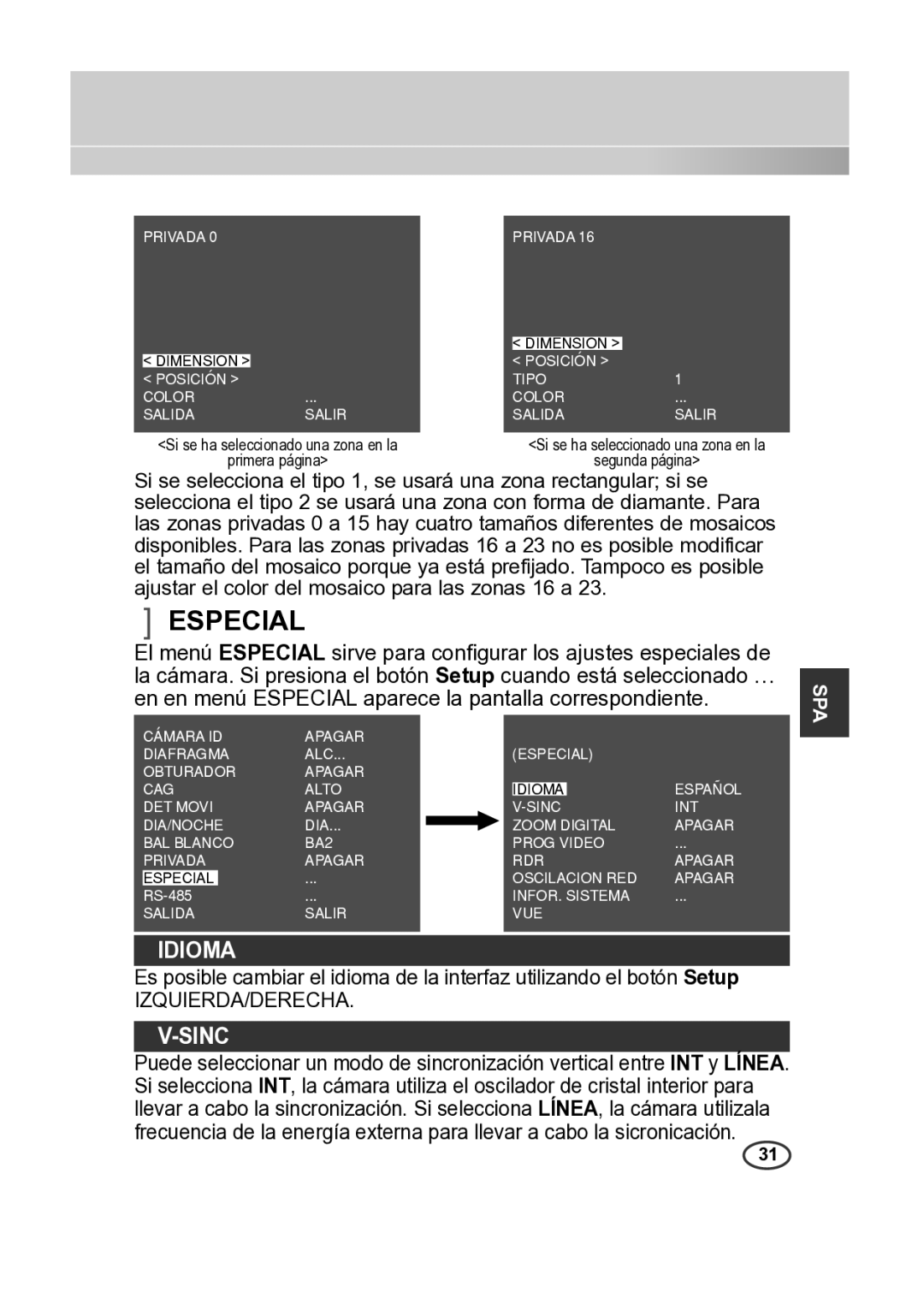 Samsung SCC-B2013P, SCC-A2013P, SCC-B2313P, SCC-A2313P manual Especial, Idioma, Sinc 