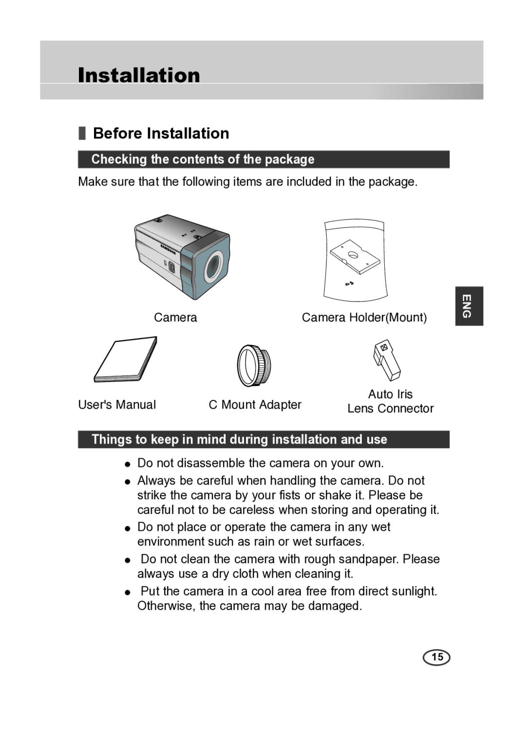 Samsung SCC-A2313P, SCC-A2013P, SCC-B2013P, SCC-B2313P manual Before Installation, Checking the contents of the package 