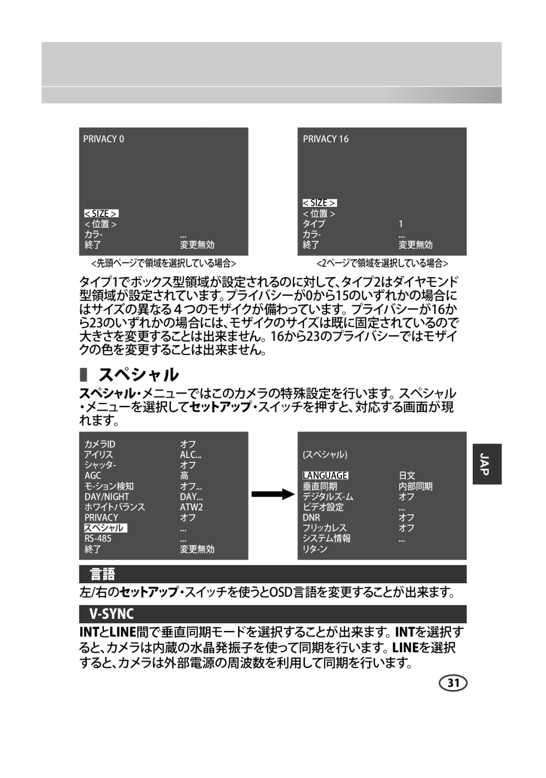 Samsung SCC-B2013P, SCC-A2013P, SCC-B2313P, SCC-A2313P manual 右のセットアップ・スイッチを使うとosd言語を変更することが出来ます。 