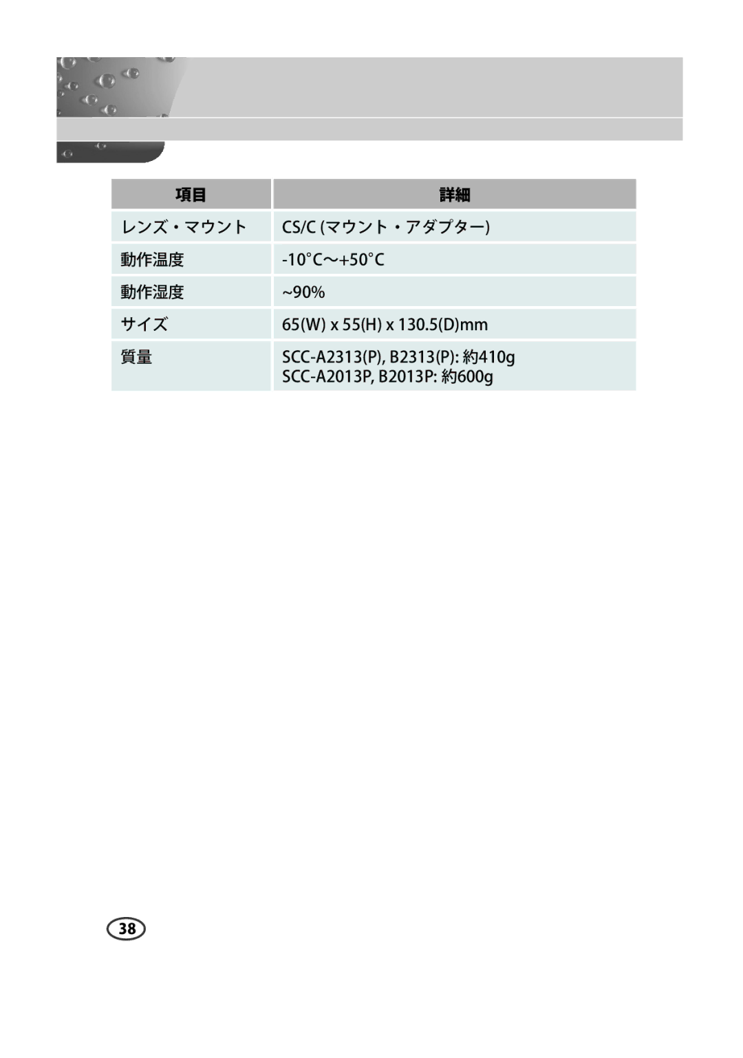 Samsung SCC-A2013P, SCC-B2013P, SCC-B2313P, SCC-A2313P manual レンズ・マウント Cs/C マウント・アダプター 動作温度 