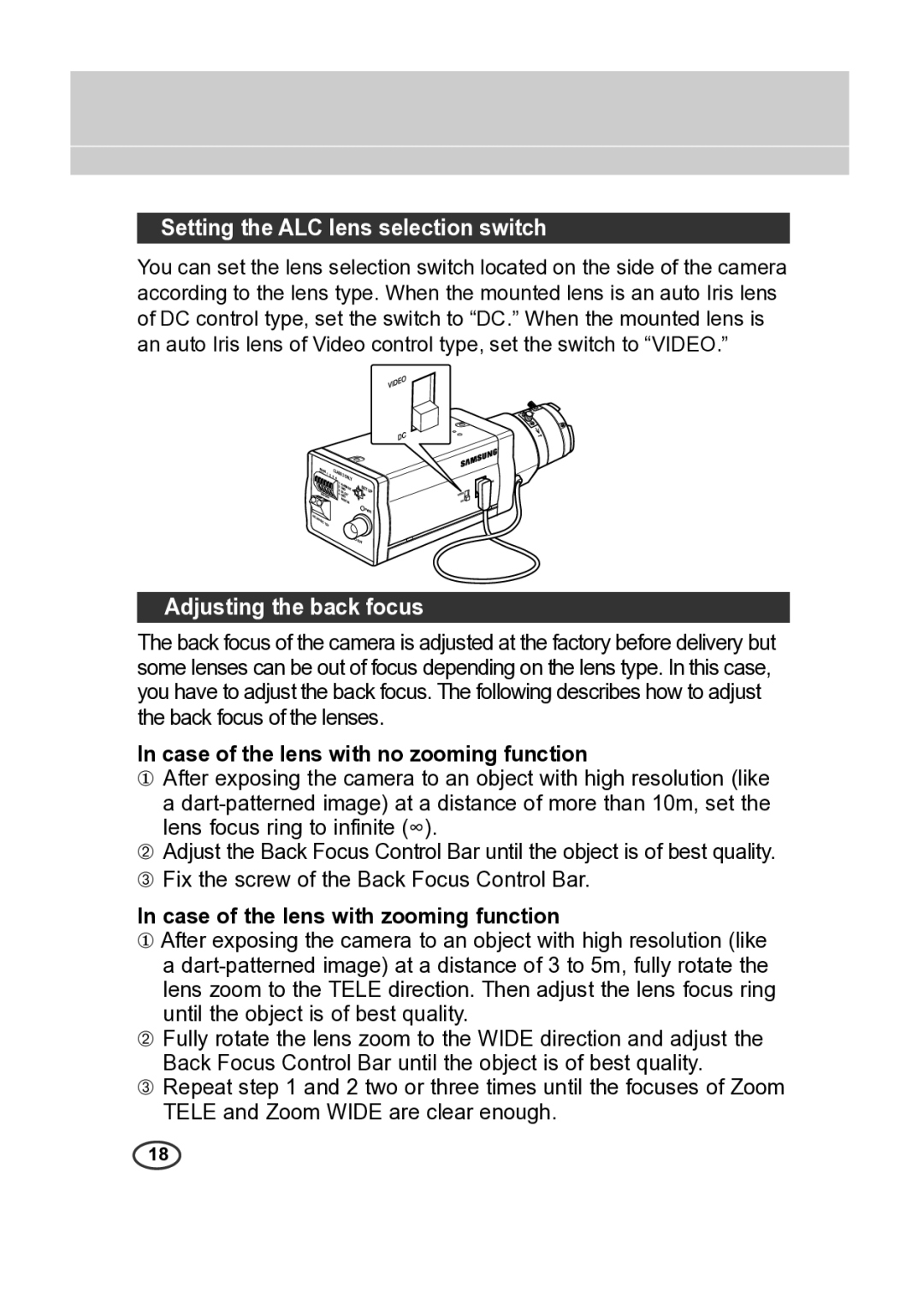 Samsung SCC-B2313P Setting the ALC lens selection switch, Adjusting the back focus, Case of the lens with zooming function 