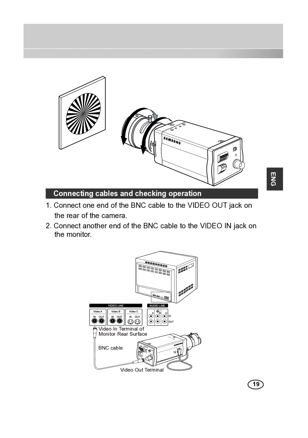 Samsung SCC-A2313P, SCC-A2013P, SCC-B2013P, SCC-B2313P manual Connecting cables and checking operation 