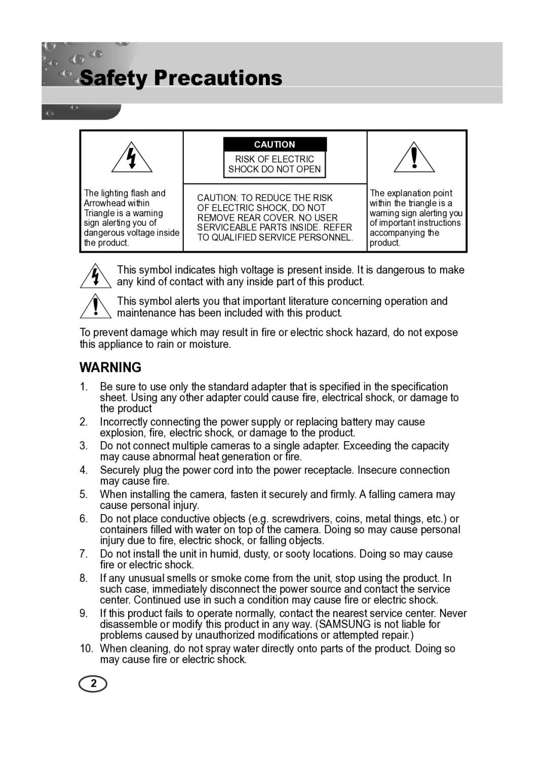 Samsung SCC-B2313P, SCC-A2013P, SCC-B2013P, SCC-A2313P manual Safety Precautions, Risk of Electric Shock do not Open 