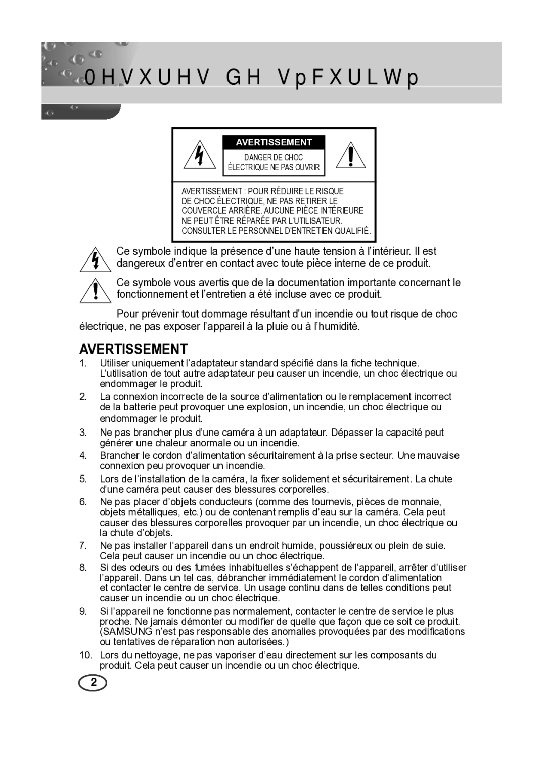 Samsung SCC-A2013P, SCC-B2013P, SCC-B2313P, SCC-A2313P manual Mesures de sécurité, Avertissement 